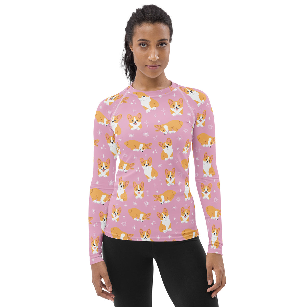 Women's Pink Corgi Dog Long Sleeve Rash Guard Swim Shirt – Buttery Soft, Sun Safe UPF 50+ Protection, Quick Dry & 4-Way Stretch Comfort