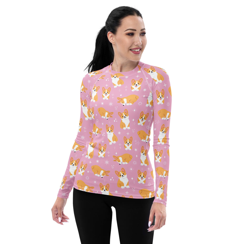 Women's Pink Corgi Dog Long Sleeve Rash Guard Swim Shirt – Buttery Soft, Sun Safe UPF 50+ Protection, Quick Dry & 4-Way Stretch Comfort