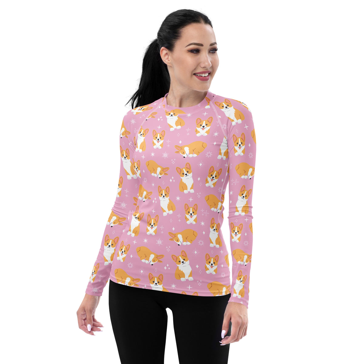 Women's Pink Corgi Dog Long Sleeve Rash Guard Swim Shirt – Buttery Soft, Sun Safe UPF 50+ Protection, Quick Dry & 4-Way Stretch Comfort