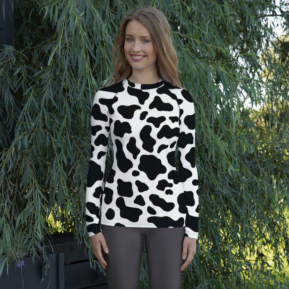 Women's Cow Print Long Sleeve Rash Guard Swim Shirt – Buttery Soft, Sun Safe UPF 50+ Protection, Quick Dry & 4-Way Stretch Comfort
