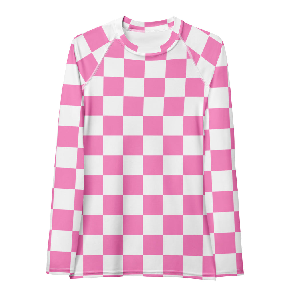 Women's Pink Checkerboard Long Sleeve Rash Guard Swim Shirt – Buttery Soft, Sun Safe UPF 50+ Protection, Quick Dry & 4-Way Stretch Comfort