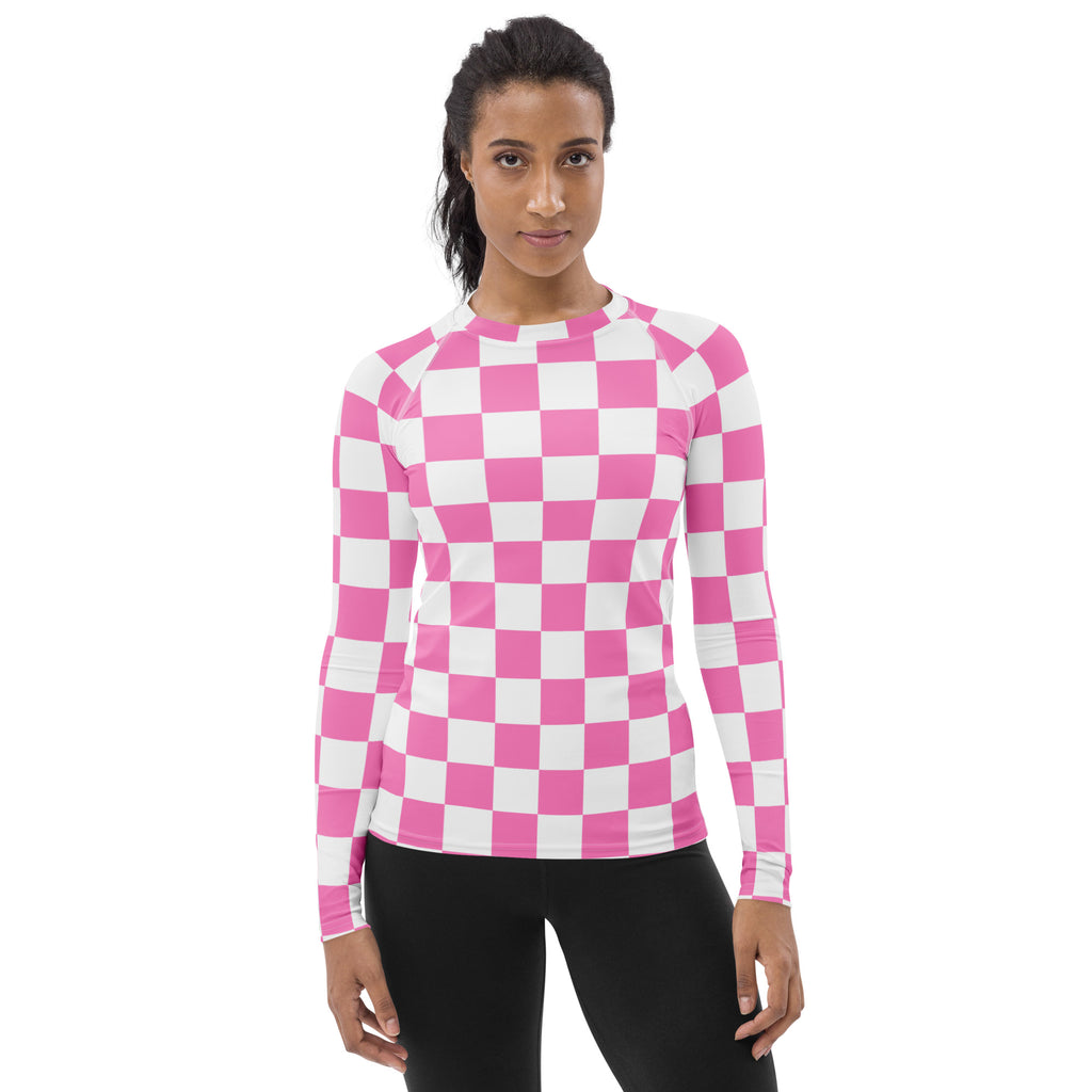 Women's Pink Checkerboard Long Sleeve Rash Guard Swim Shirt – Buttery Soft, Sun Safe UPF 50+ Protection, Quick Dry & 4-Way Stretch Comfort