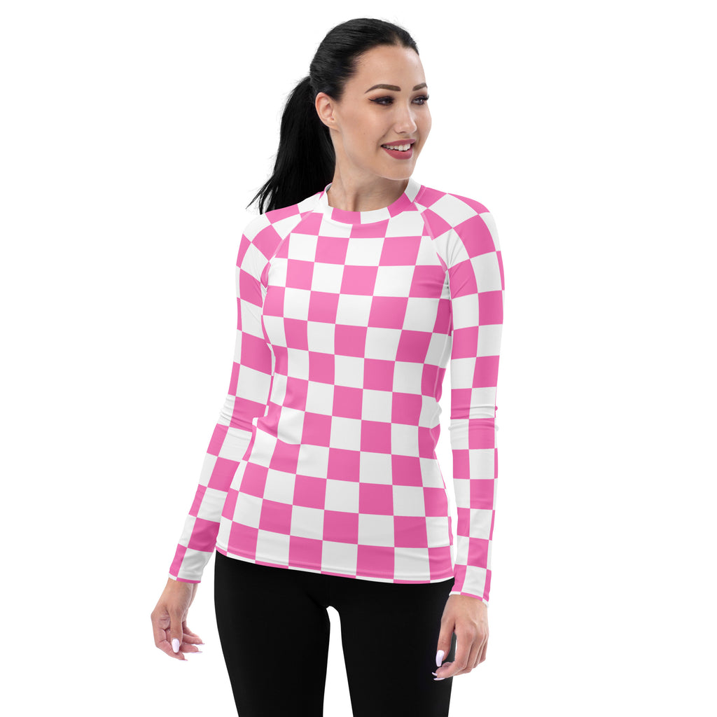 Women's Pink Checkerboard Long Sleeve Rash Guard Swim Shirt – Buttery Soft, Sun Safe UPF 50+ Protection, Quick Dry & 4-Way Stretch Comfort