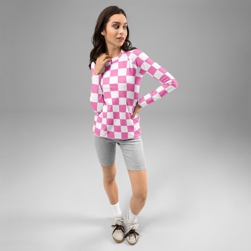 Women's Pink Checkerboard Long Sleeve Rash Guard Swim Shirt – Buttery Soft, Sun Safe UPF 50+ Protection, Quick Dry & 4-Way Stretch Comfort