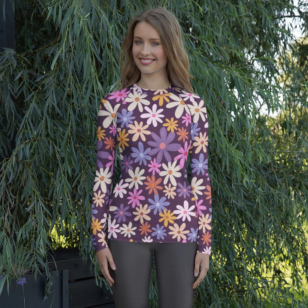 Women's Purple Floral Long Sleeve Rash Guard Swim Shirt – Buttery Soft, Sun Safe UPF 50+ Protection, Quick Dry & 4-Way Stretch Comfort