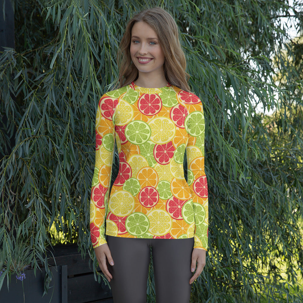 Women's Citrus Fruit Long Sleeve Rash Guard Swim Shirt – Buttery Soft, Sun Safe UPF 50+ Protection, Quick Dry & 4-Way Stretch Comfort