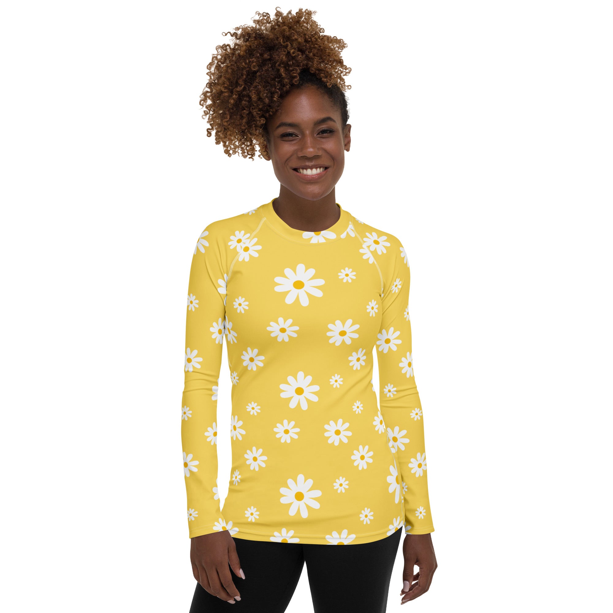 Women's Yellow Daisy Long Sleeve Rash Guard Swim Shirt – Buttery Soft, Sun Safe UPF 50+ Protection, Quick Dry & 4-Way Stretch Comfort