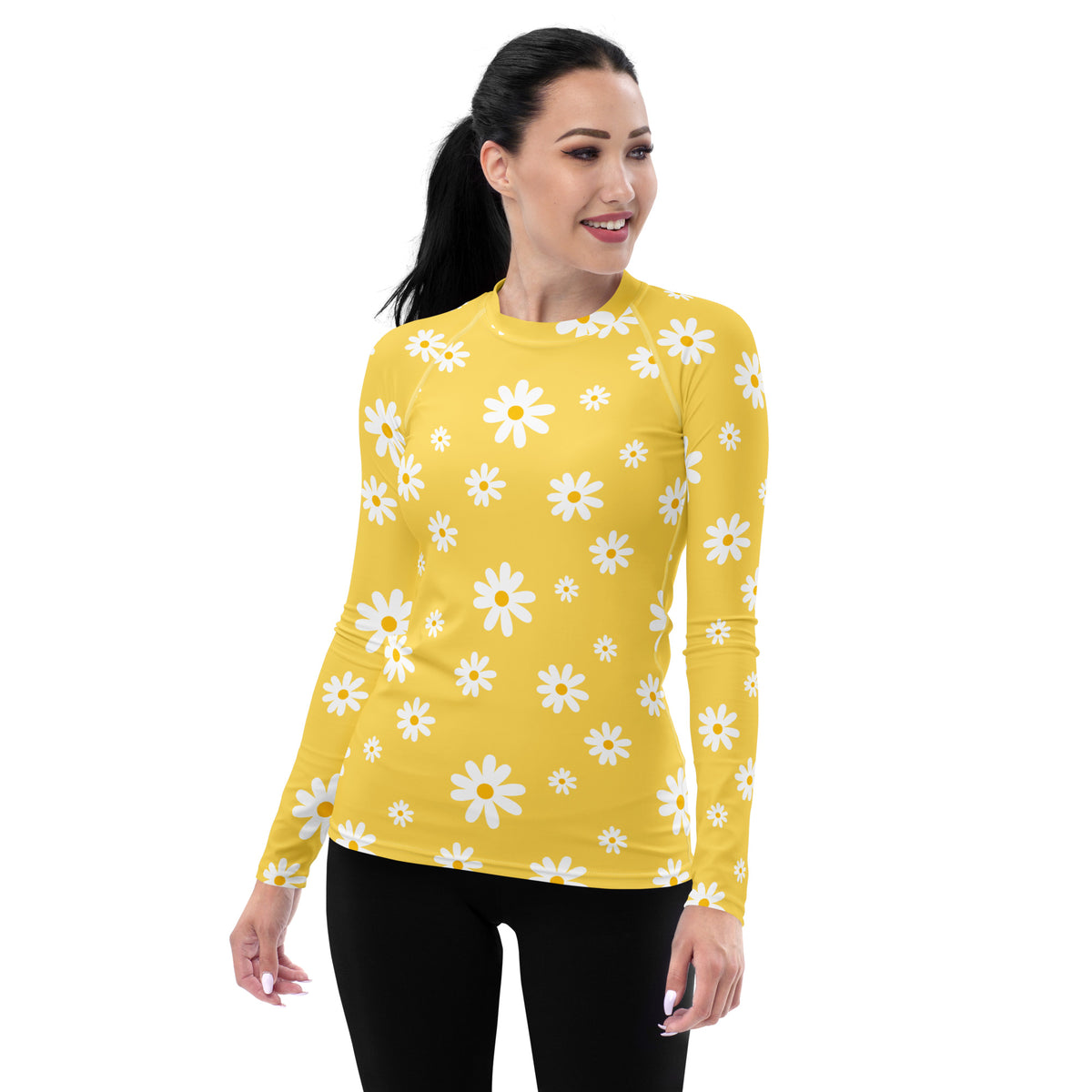 Women's Yellow Daisy Long Sleeve Rash Guard Swim Shirt – Buttery Soft, Sun Safe UPF 50+ Protection, Quick Dry & 4-Way Stretch Comfort
