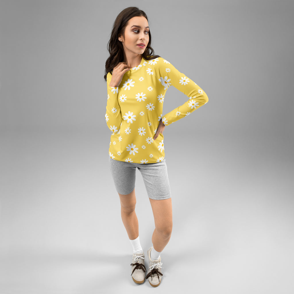 Women's Yellow Daisy Long Sleeve Rash Guard Swim Shirt – Buttery Soft, Sun Safe UPF 50+ Protection, Quick Dry & 4-Way Stretch Comfort