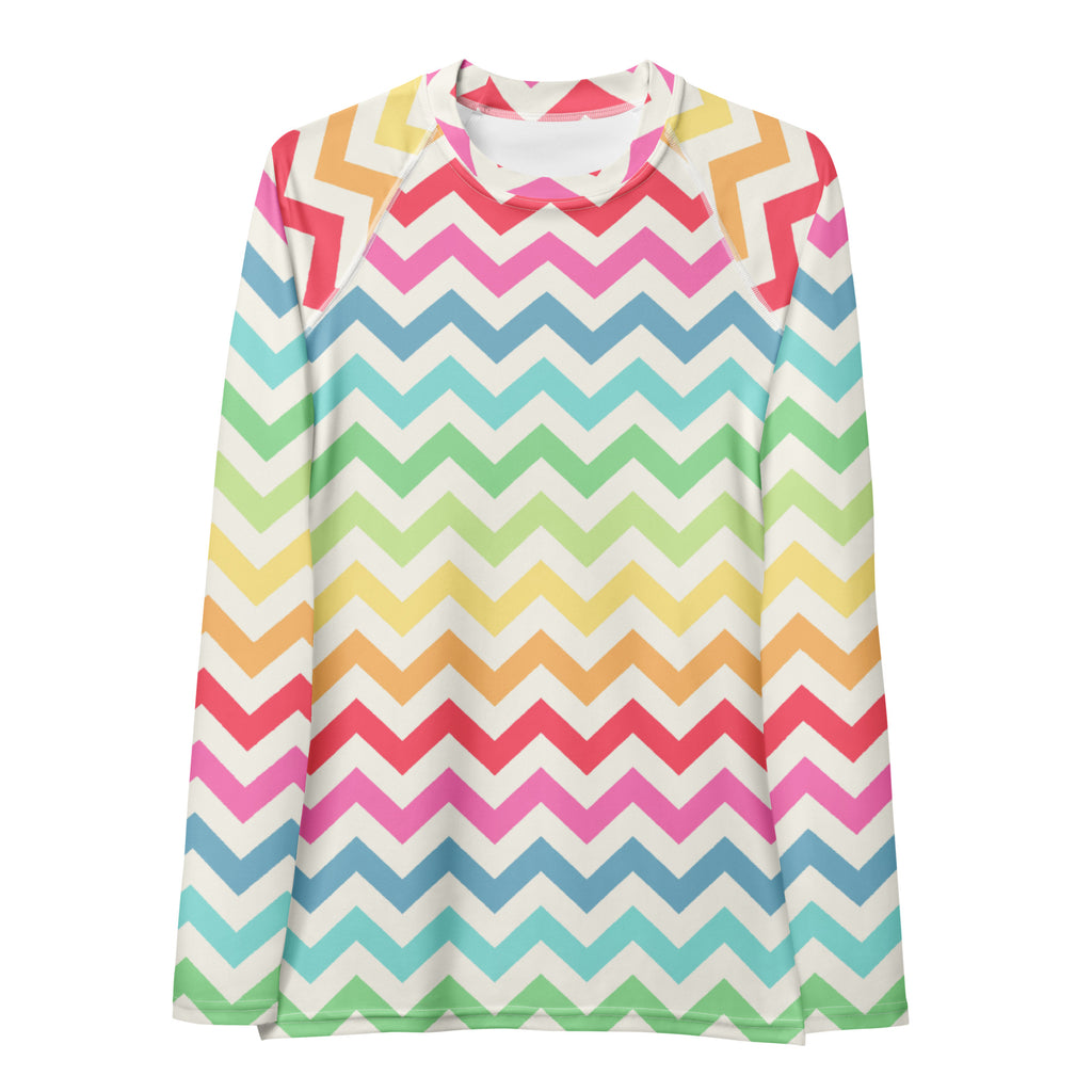 Women's Coastal Rainbow Chevron Long Sleeve Rash Guard Swim Shirt – Buttery Soft, Sun Safe UPF 50+ Protection, Quick Dry & 4-Way Stretch Comfort