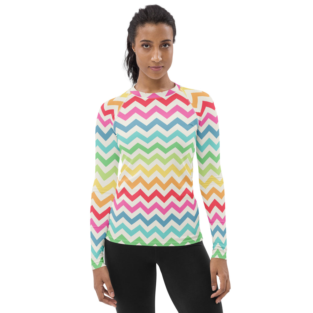 Women's Coastal Rainbow Chevron Long Sleeve Rash Guard Swim Shirt – Buttery Soft, Sun Safe UPF 50+ Protection, Quick Dry & 4-Way Stretch Comfort