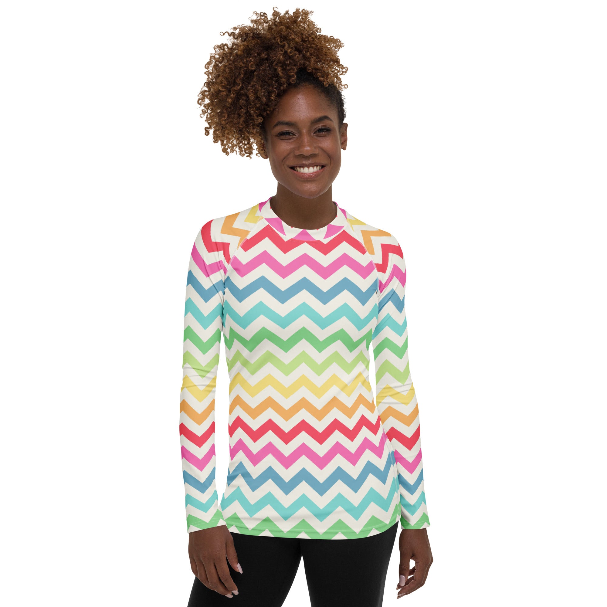 Women's Coastal Rainbow Chevron Long Sleeve Rash Guard Swim Shirt – Buttery Soft, Sun Safe UPF 50+ Protection, Quick Dry & 4-Way Stretch Comfort