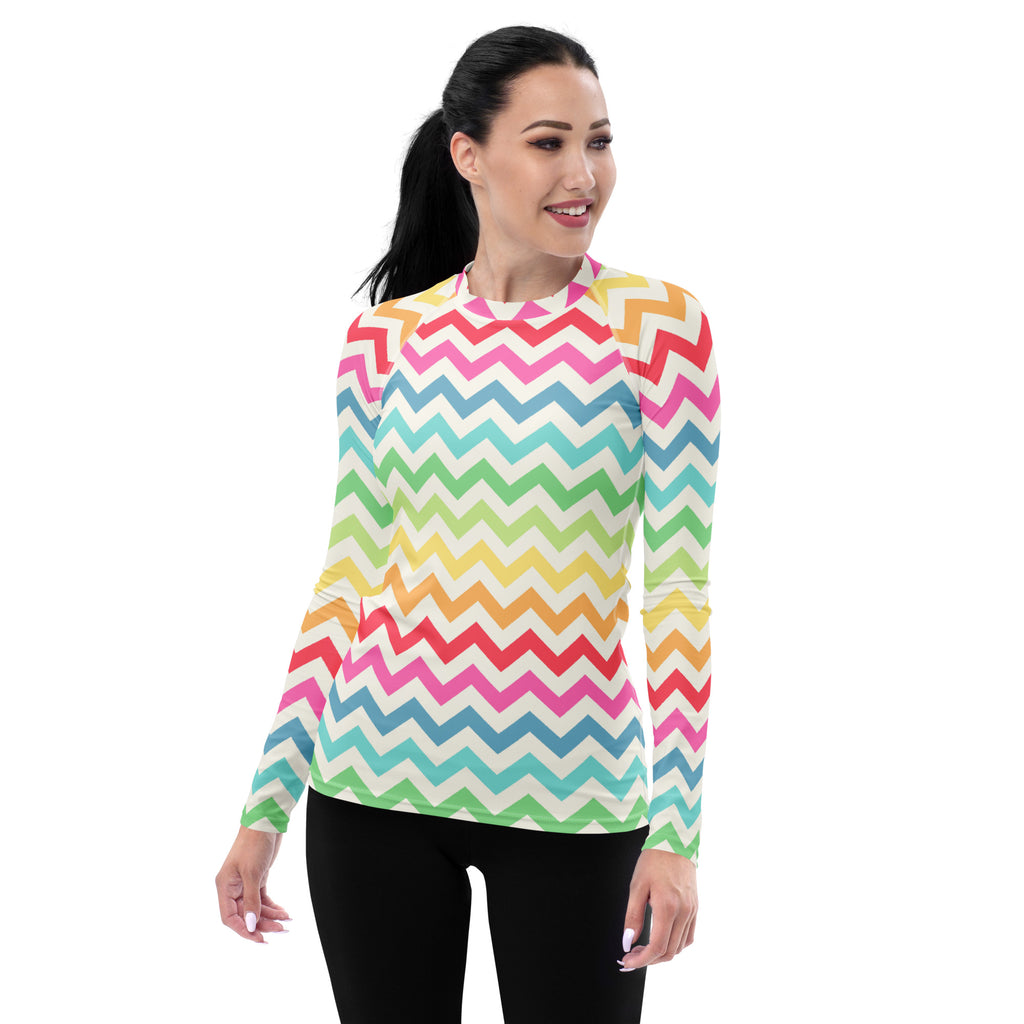 Women's Coastal Rainbow Chevron Long Sleeve Rash Guard Swim Shirt – Buttery Soft, Sun Safe UPF 50+ Protection, Quick Dry & 4-Way Stretch Comfort
