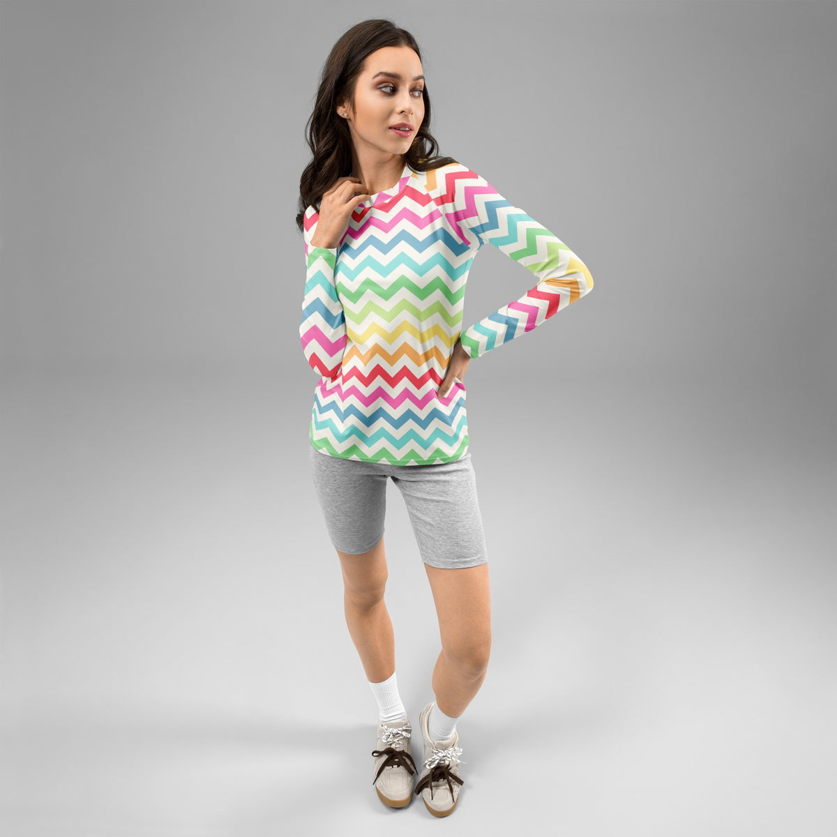 Women's Coastal Rainbow Chevron Long Sleeve Rash Guard Swim Shirt – Buttery Soft, Sun Safe UPF 50+ Protection, Quick Dry & 4-Way Stretch Comfort
