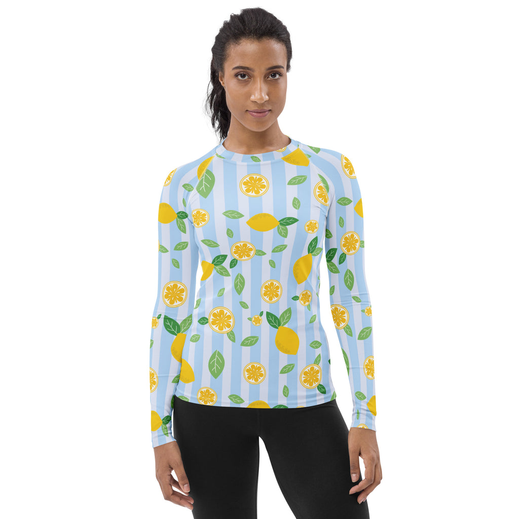 Women's Lemon Stripe Long Sleeve Rash Guard Swim Shirt – Buttery Soft, Sun Safe UPF 50+ Protection, Quick Dry & 4-Way Stretch Comfort