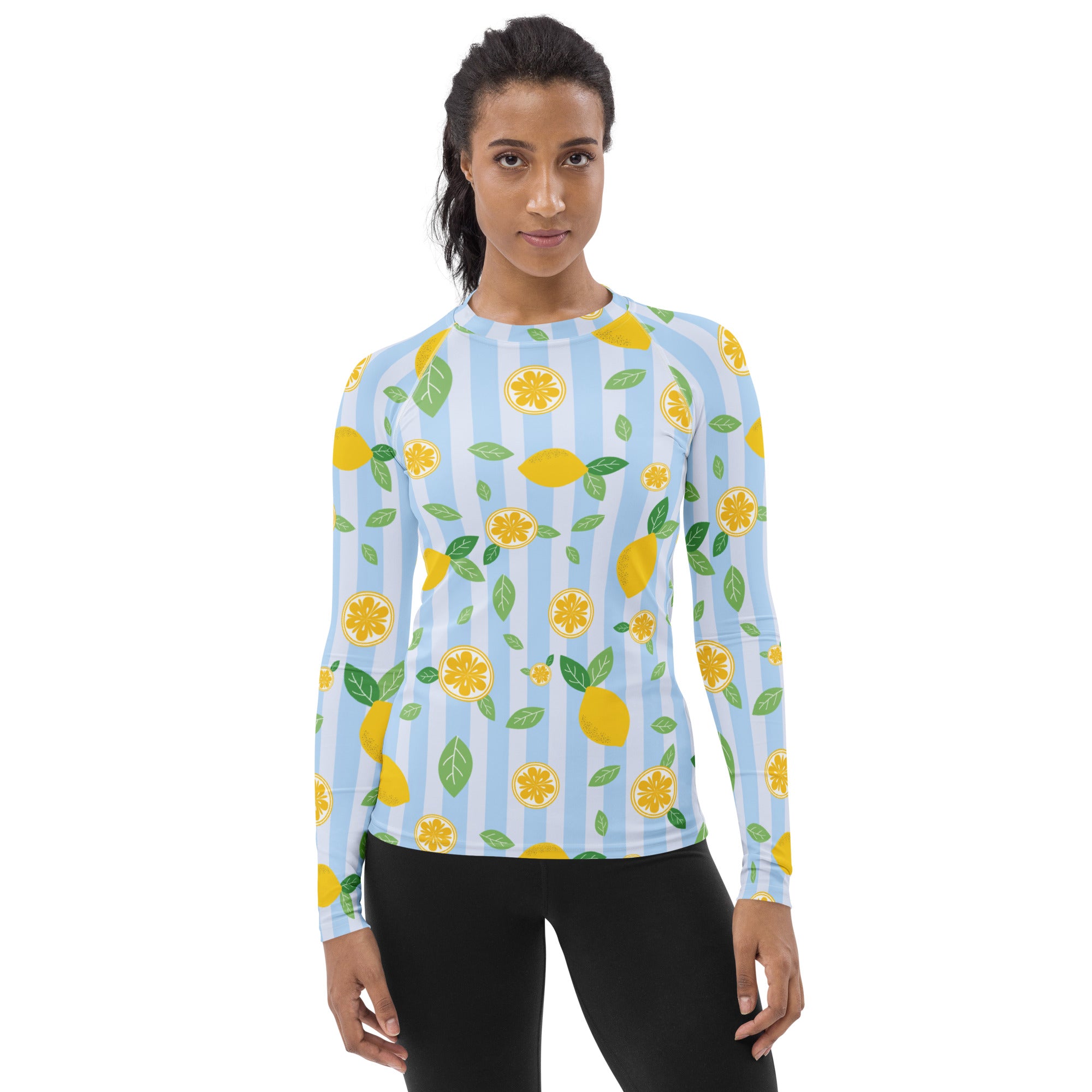 Women's Lemon Stripe Long Sleeve Rash Guard Swim Shirt – Buttery Soft, Sun Safe UPF 50+ Protection, Quick Dry & 4-Way Stretch Comfort