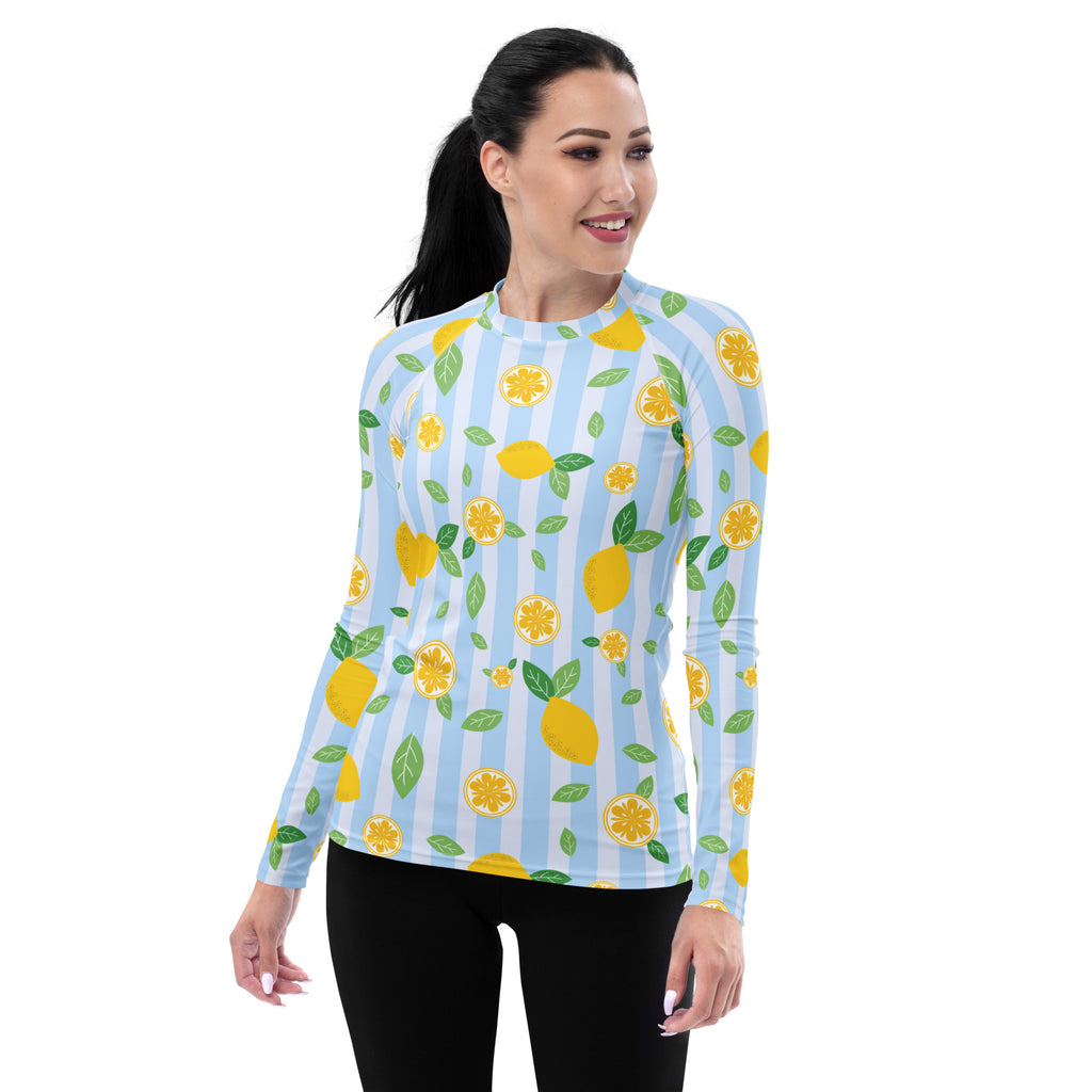 Women's Lemon Stripe Long Sleeve Rash Guard Swim Shirt – Buttery Soft, Sun Safe UPF 50+ Protection, Quick Dry & 4-Way Stretch Comfort