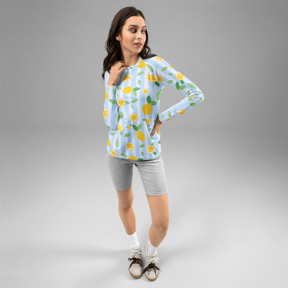 Women's Lemon Stripe Long Sleeve Rash Guard Swim Shirt – Buttery Soft, Sun Safe UPF 50+ Protection, Quick Dry & 4-Way Stretch Comfort