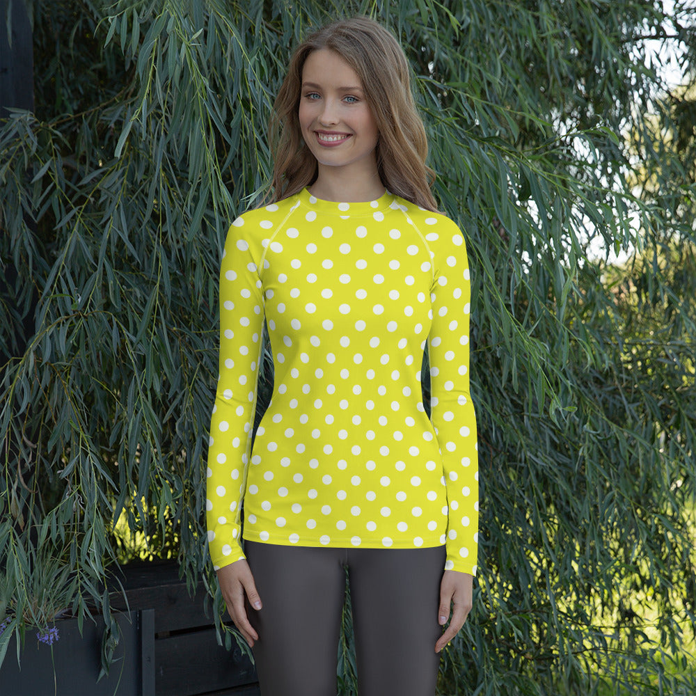 Women's Yellow Polka Dot Long Sleeve Rash Guard Swim Shirt – Buttery Soft, Sun Safe UPF 50+ Protection, Quick Dry & 4-Way Stretch Comfort