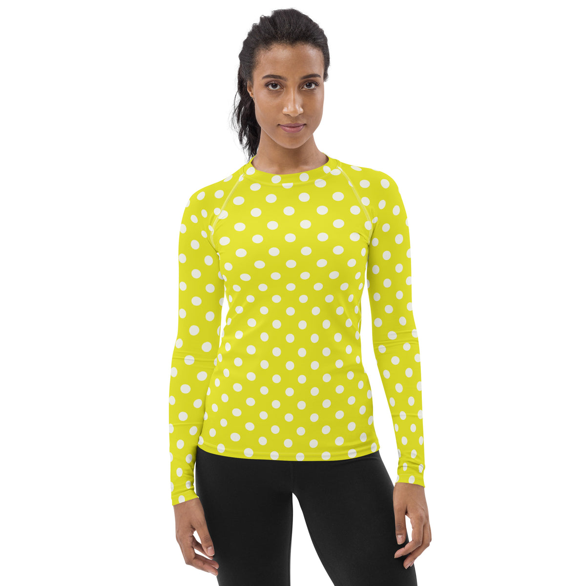 Women's Yellow Polka Dot Long Sleeve Rash Guard Swim Shirt – Buttery Soft, Sun Safe UPF 50+ Protection, Quick Dry & 4-Way Stretch Comfort
