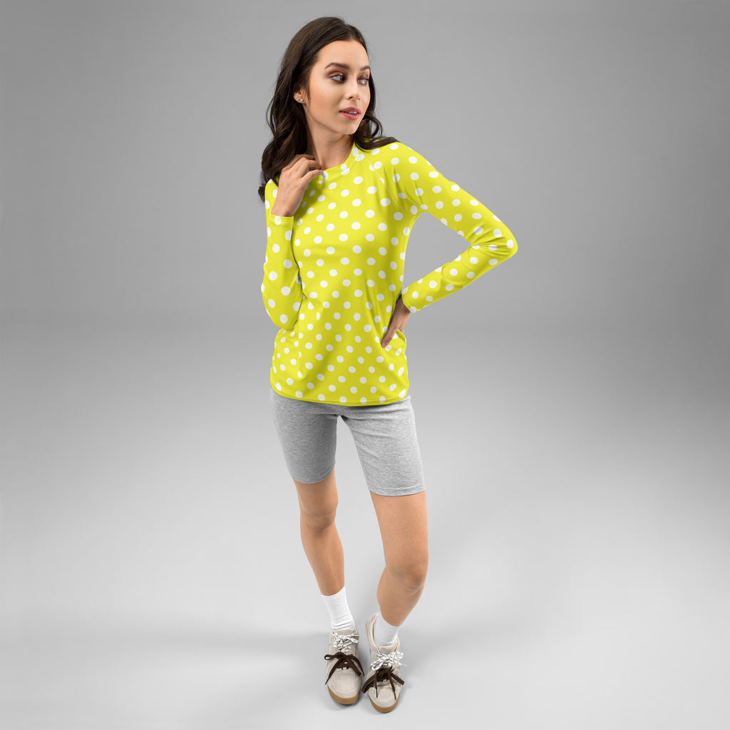 Women's Yellow Polka Dot Long Sleeve Rash Guard Swim Shirt – Buttery Soft, Sun Safe UPF 50+ Protection, Quick Dry & 4-Way Stretch Comfort