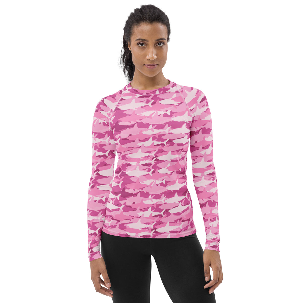 Women's Pink Shark Camouflage Long Sleeve Rash Guard Swim Shirt – Buttery Soft, Sun Safe UPF 50+ Protection, Quick Dry & 4-Way Stretch Comfort