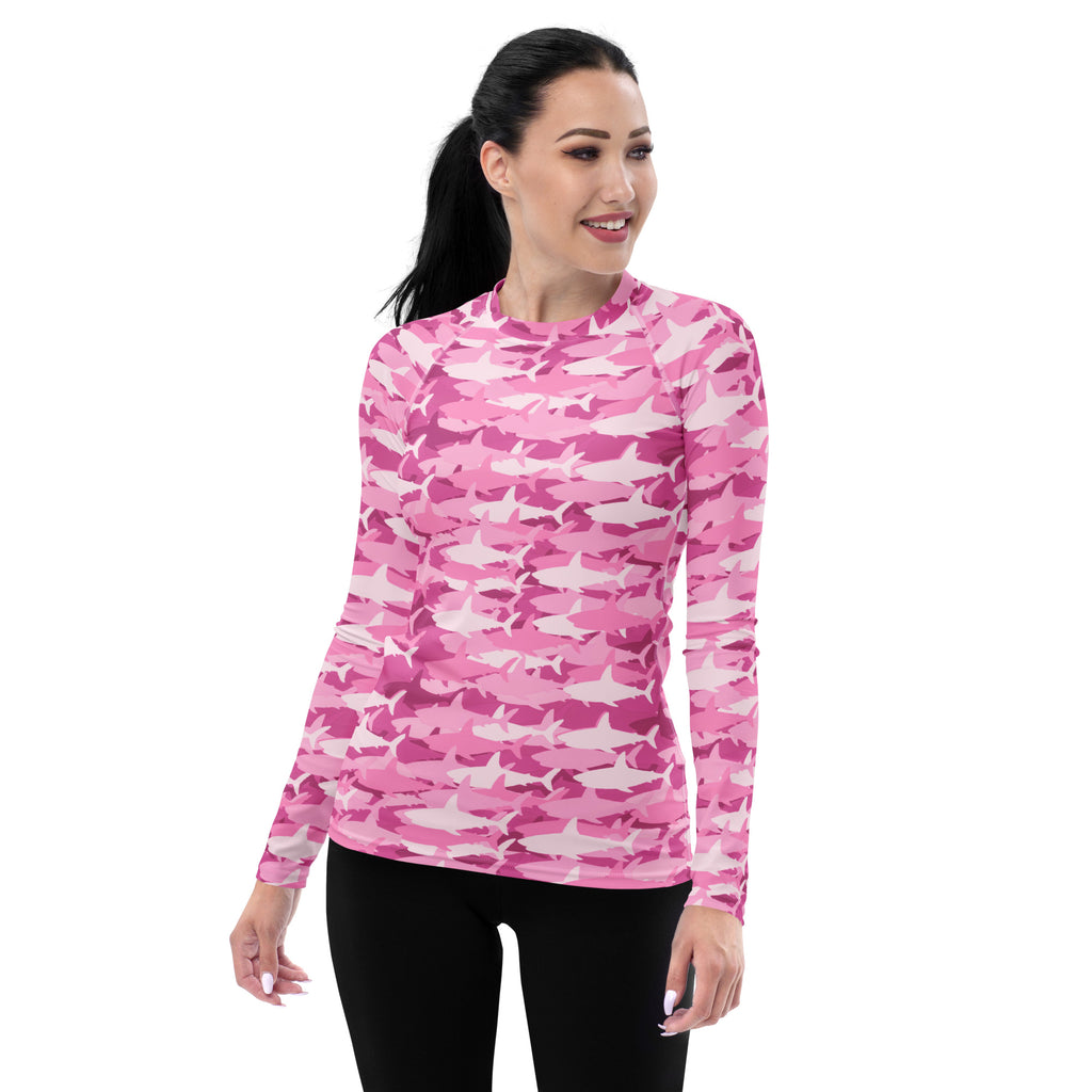 Women's Pink Shark Camouflage Long Sleeve Rash Guard Swim Shirt – Buttery Soft, Sun Safe UPF 50+ Protection, Quick Dry & 4-Way Stretch Comfort