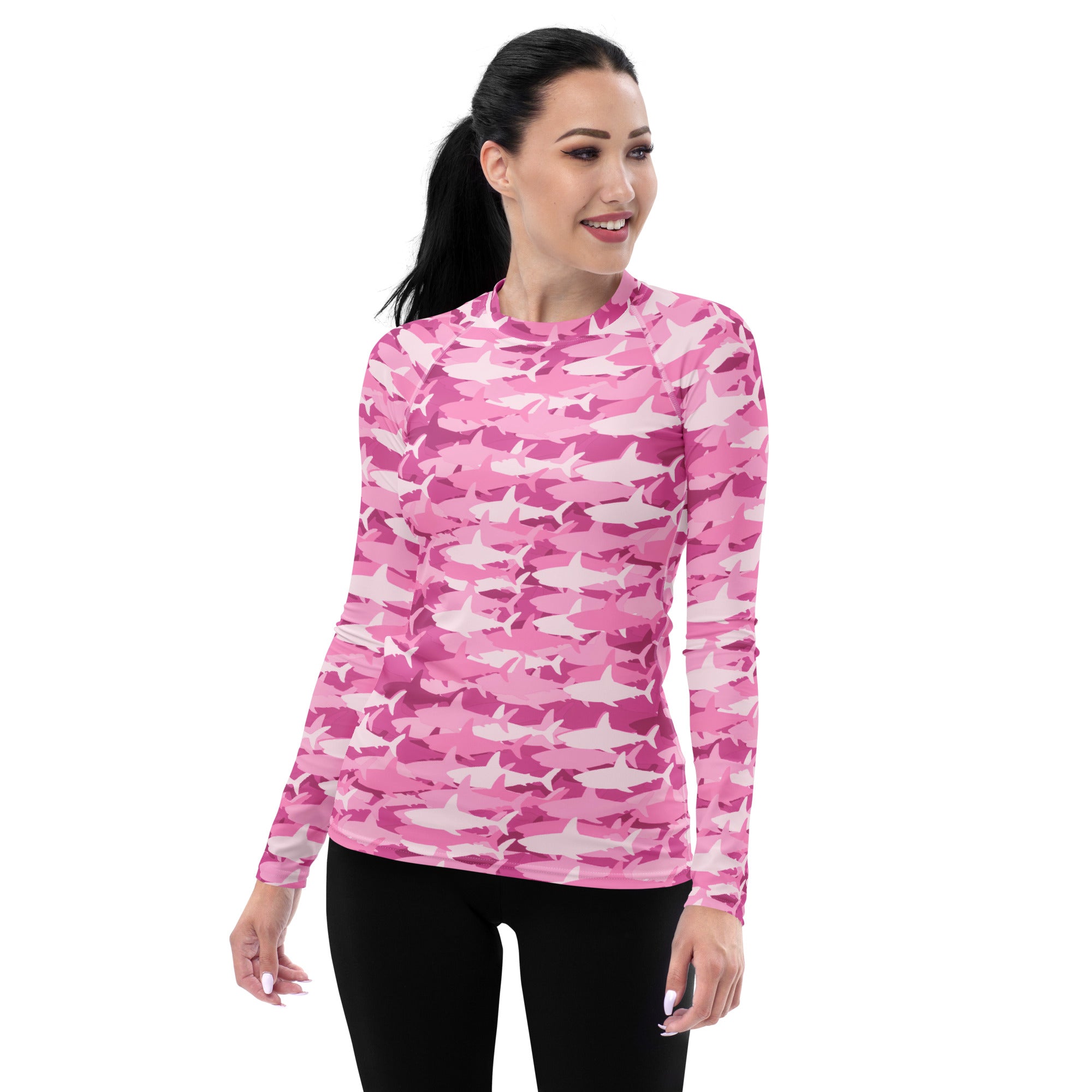 Women's Pink Shark Camouflage Long Sleeve Rash Guard Swim Shirt – Buttery Soft, Sun Safe UPF 50+ Protection, Quick Dry & 4-Way Stretch Comfort