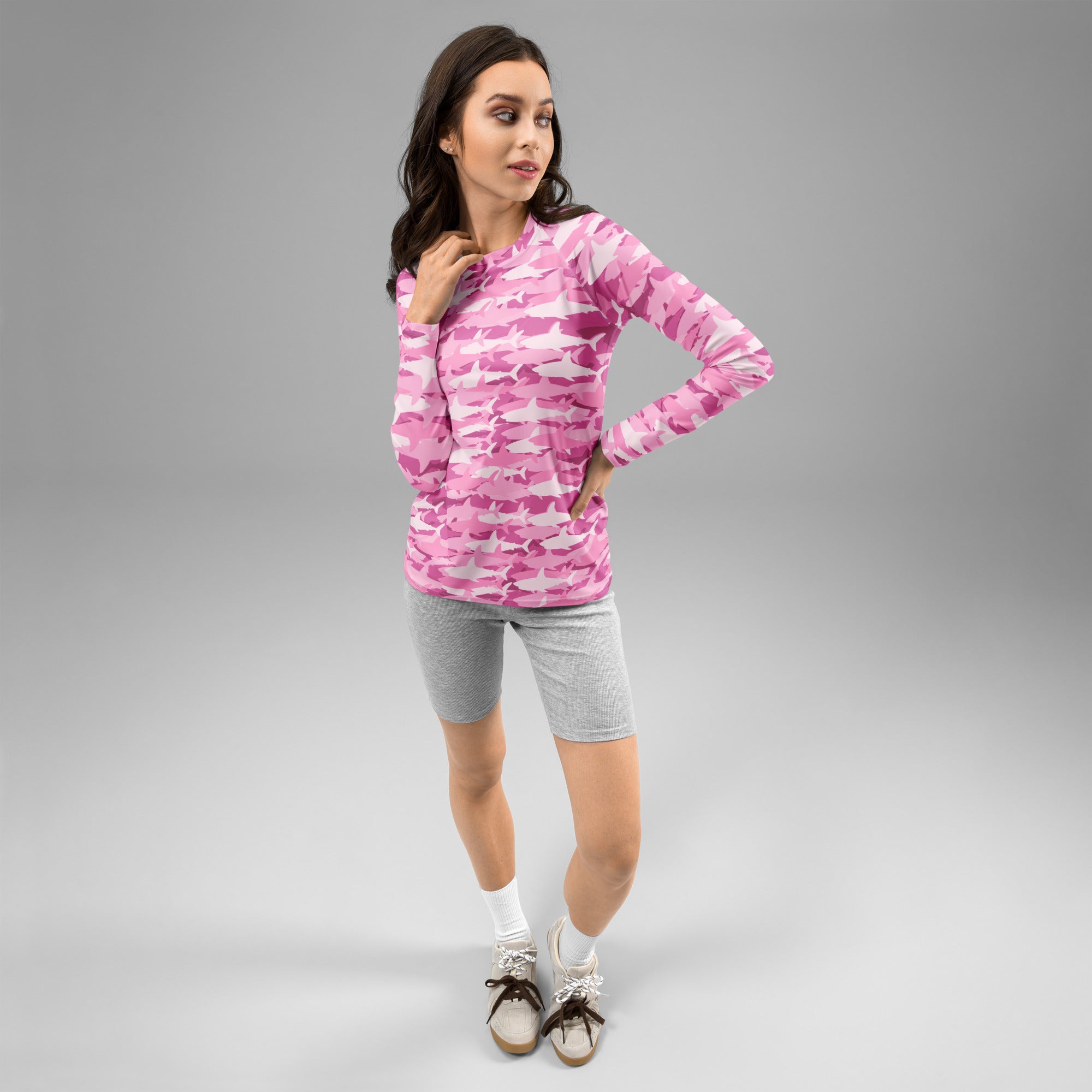 Women's Pink Shark Camouflage Long Sleeve Rash Guard Swim Shirt – Buttery Soft, Sun Safe UPF 50+ Protection, Quick Dry & 4-Way Stretch Comfort