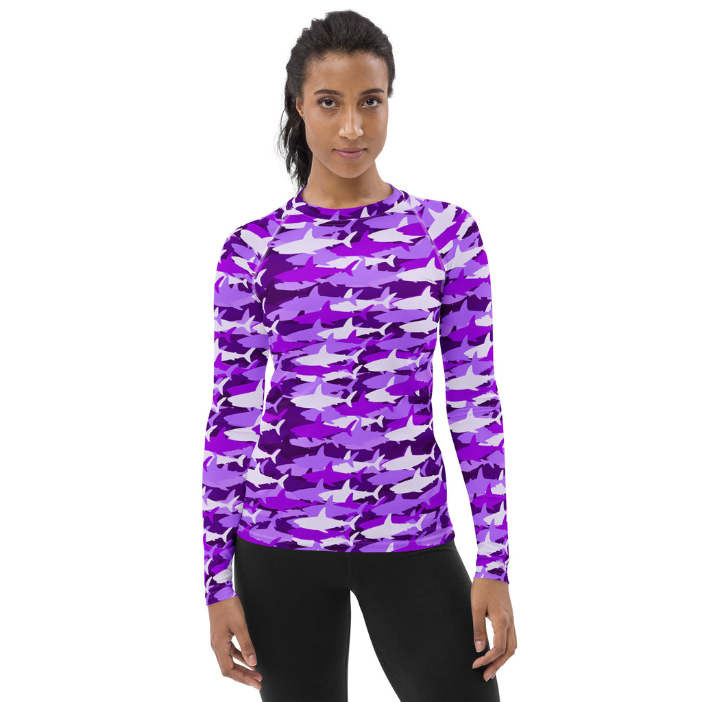 Women's Purple Shark Camouflage Long Sleeve Rash Guard Swim Shirt – Buttery Soft, Sun Safe UPF 50+ Protection, Quick Dry & 4-Way Stretch Comfort