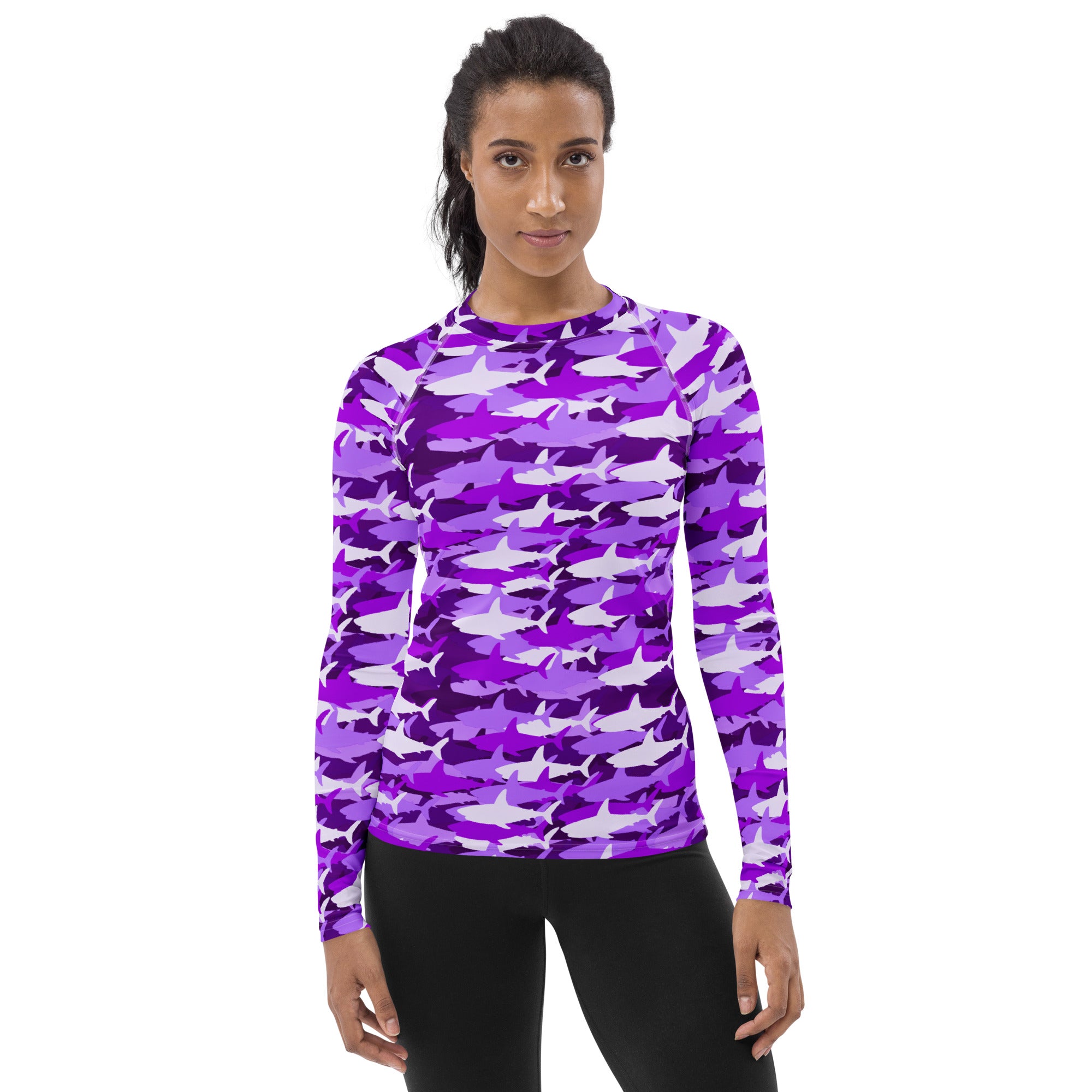 Women's Purple Shark Camouflage Long Sleeve Rash Guard Swim Shirt – Buttery Soft, Sun Safe UPF 50+ Protection, Quick Dry & 4-Way Stretch Comfort