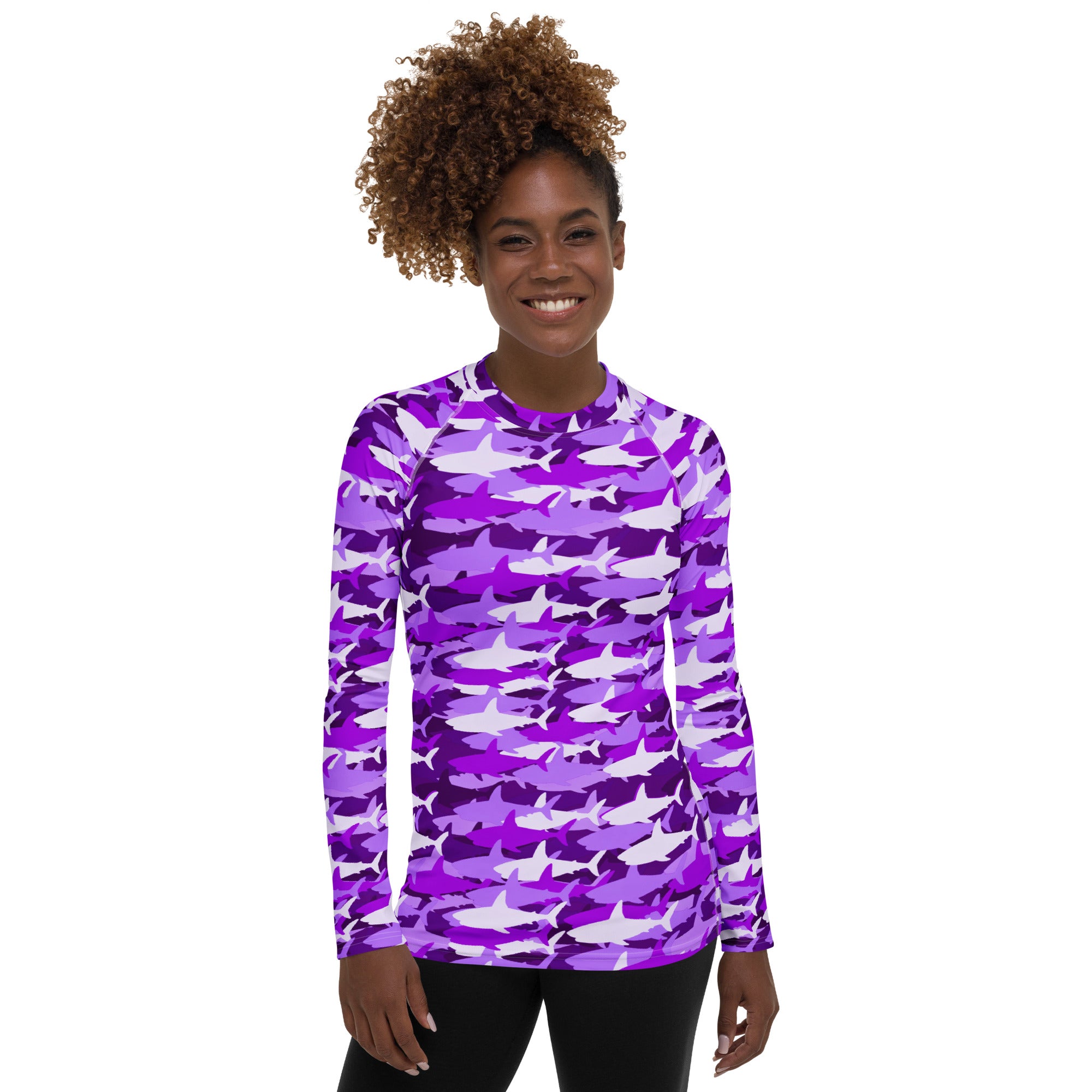 Women's Purple Shark Camouflage Long Sleeve Rash Guard Swim Shirt – Buttery Soft, Sun Safe UPF 50+ Protection, Quick Dry & 4-Way Stretch Comfort