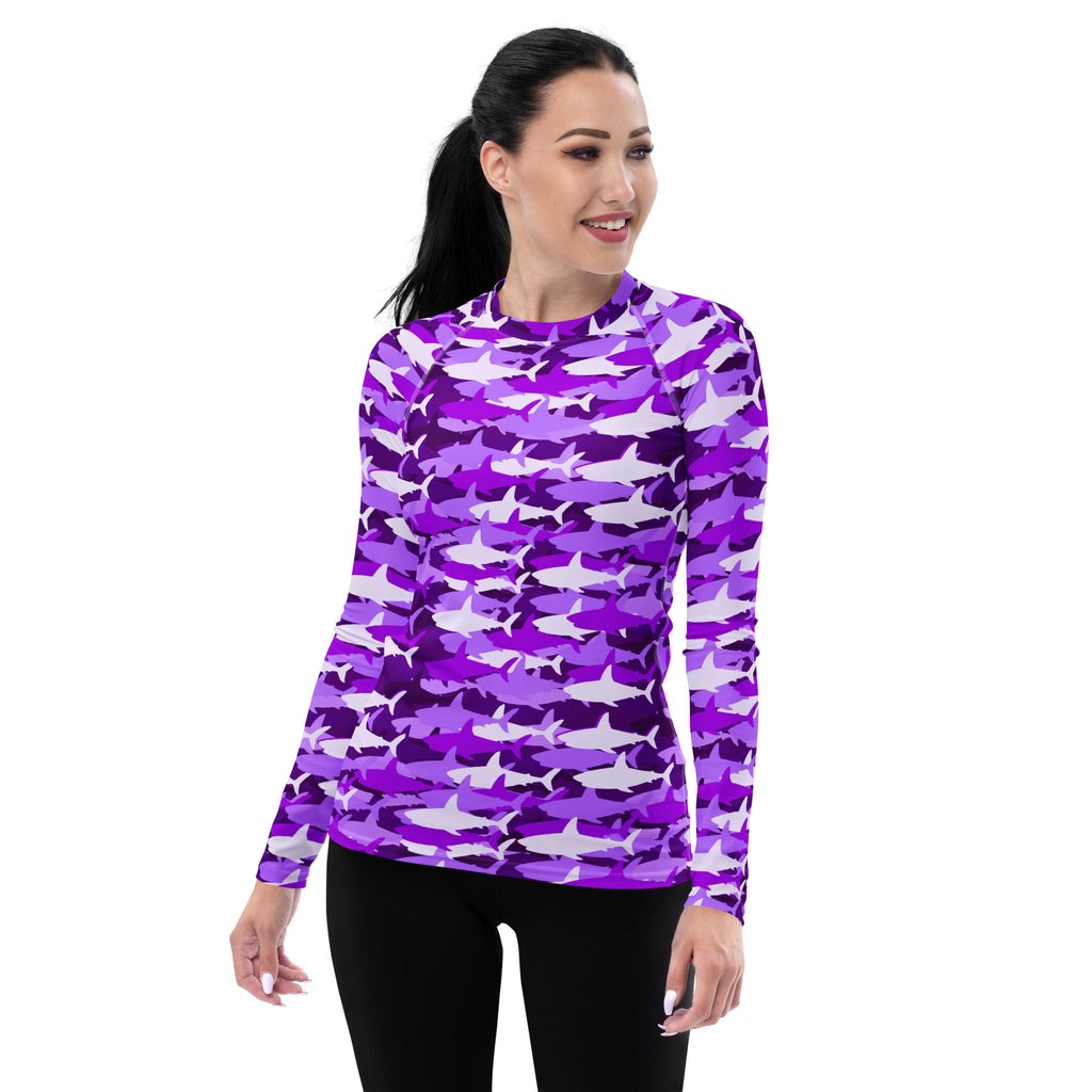 Women's Purple Shark Camouflage Long Sleeve Rash Guard Swim Shirt – Buttery Soft, Sun Safe UPF 50+ Protection, Quick Dry & 4-Way Stretch Comfort