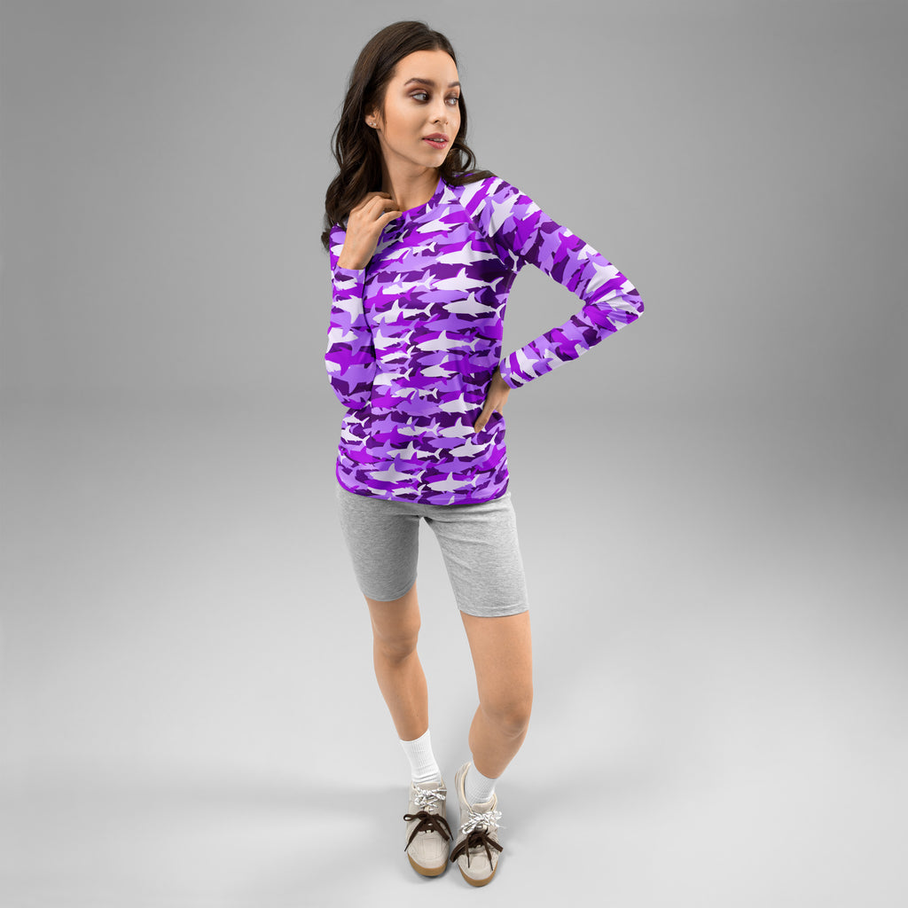 Women's Purple Shark Camouflage Long Sleeve Rash Guard Swim Shirt – Buttery Soft, Sun Safe UPF 50+ Protection, Quick Dry & 4-Way Stretch Comfort