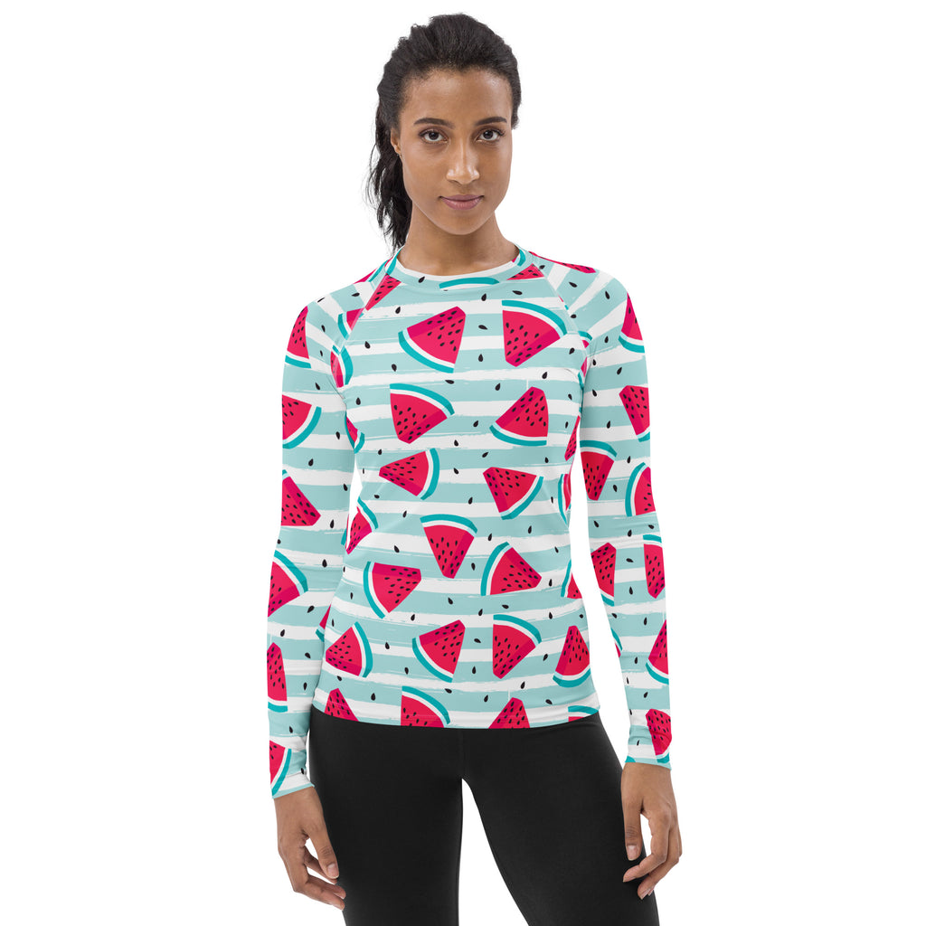Women's Watermelon Stripe Long Sleeve Rash Guard Swim Shirt – Buttery Soft, Sun Safe UPF 50+ Protection, Quick Dry & 4-Way Stretch Comfort