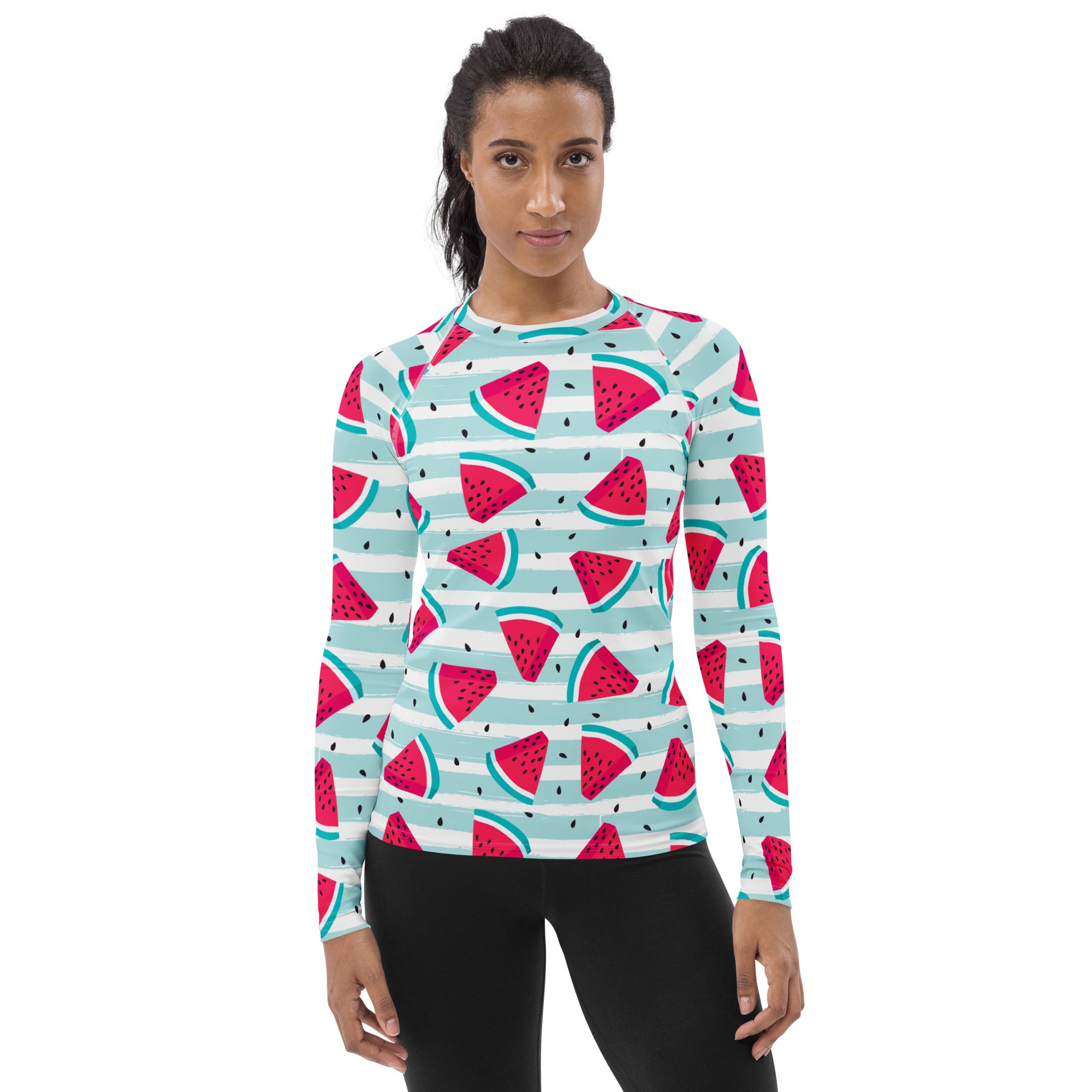 Women's Watermelon Stripe Long Sleeve Rash Guard Swim Shirt – Buttery Soft, Sun Safe UPF 50+ Protection, Quick Dry & 4-Way Stretch Comfort