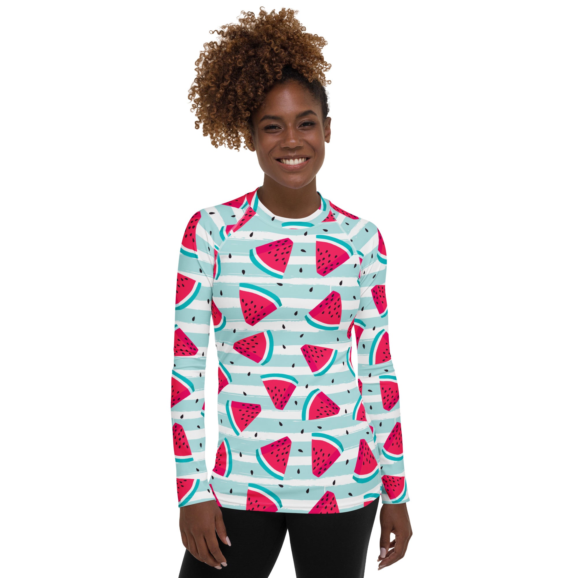 Women's Watermelon Stripe Long Sleeve Rash Guard Swim Shirt – Buttery Soft, Sun Safe UPF 50+ Protection, Quick Dry & 4-Way Stretch Comfort