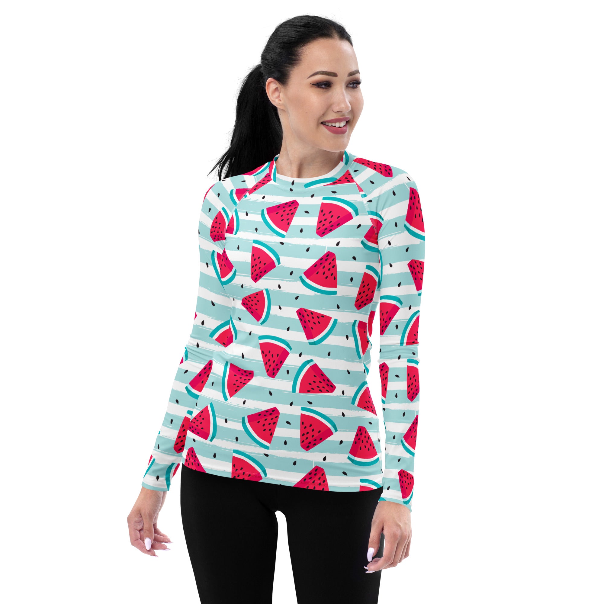 Women's Watermelon Stripe Long Sleeve Rash Guard Swim Shirt – Buttery Soft, Sun Safe UPF 50+ Protection, Quick Dry & 4-Way Stretch Comfort