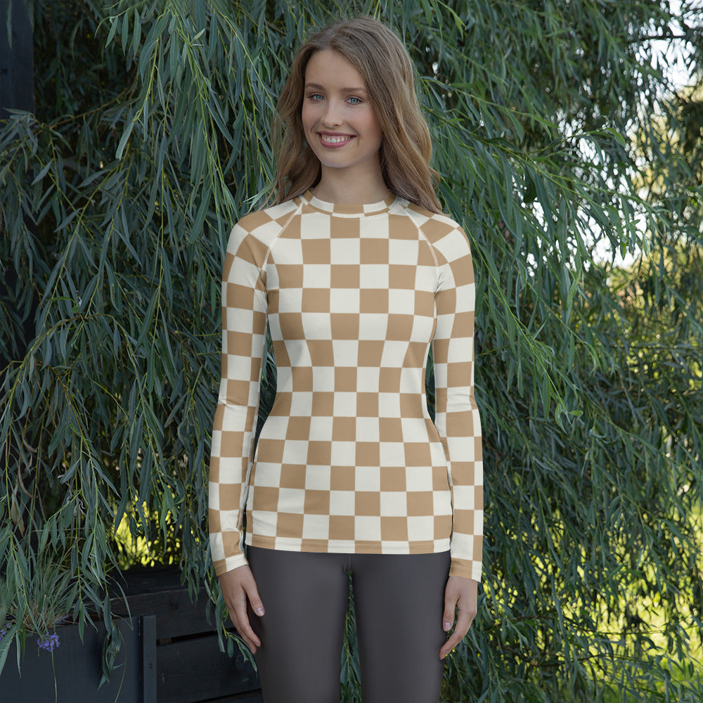 Women's Beige Checkered Long Sleeve Rash Guard Swim Shirt – Buttery Soft, Sun Safe UPF 50+ Protection, Quick Dry & 4-Way Stretch Comfort