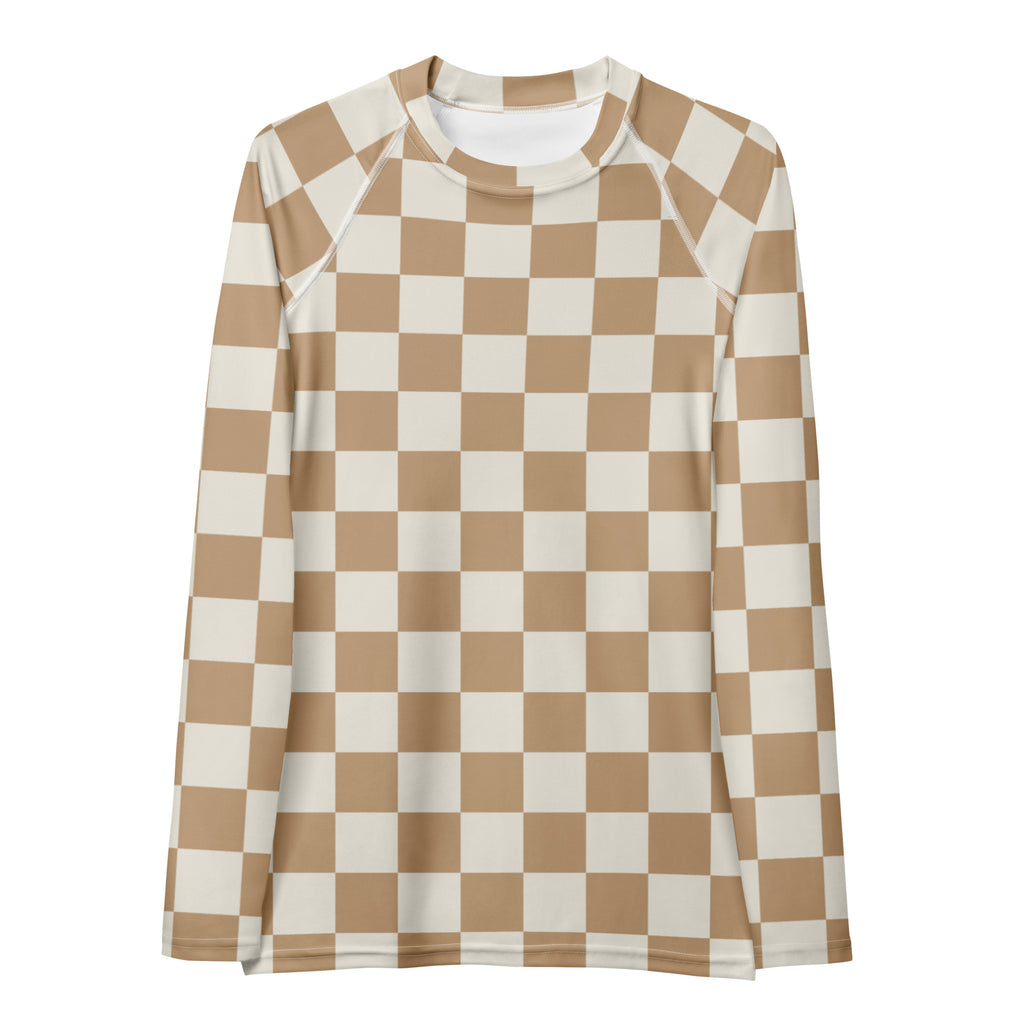 Women's Beige Checkered Long Sleeve Rash Guard Swim Shirt – Buttery Soft, Sun Safe UPF 50+ Protection, Quick Dry & 4-Way Stretch Comfort