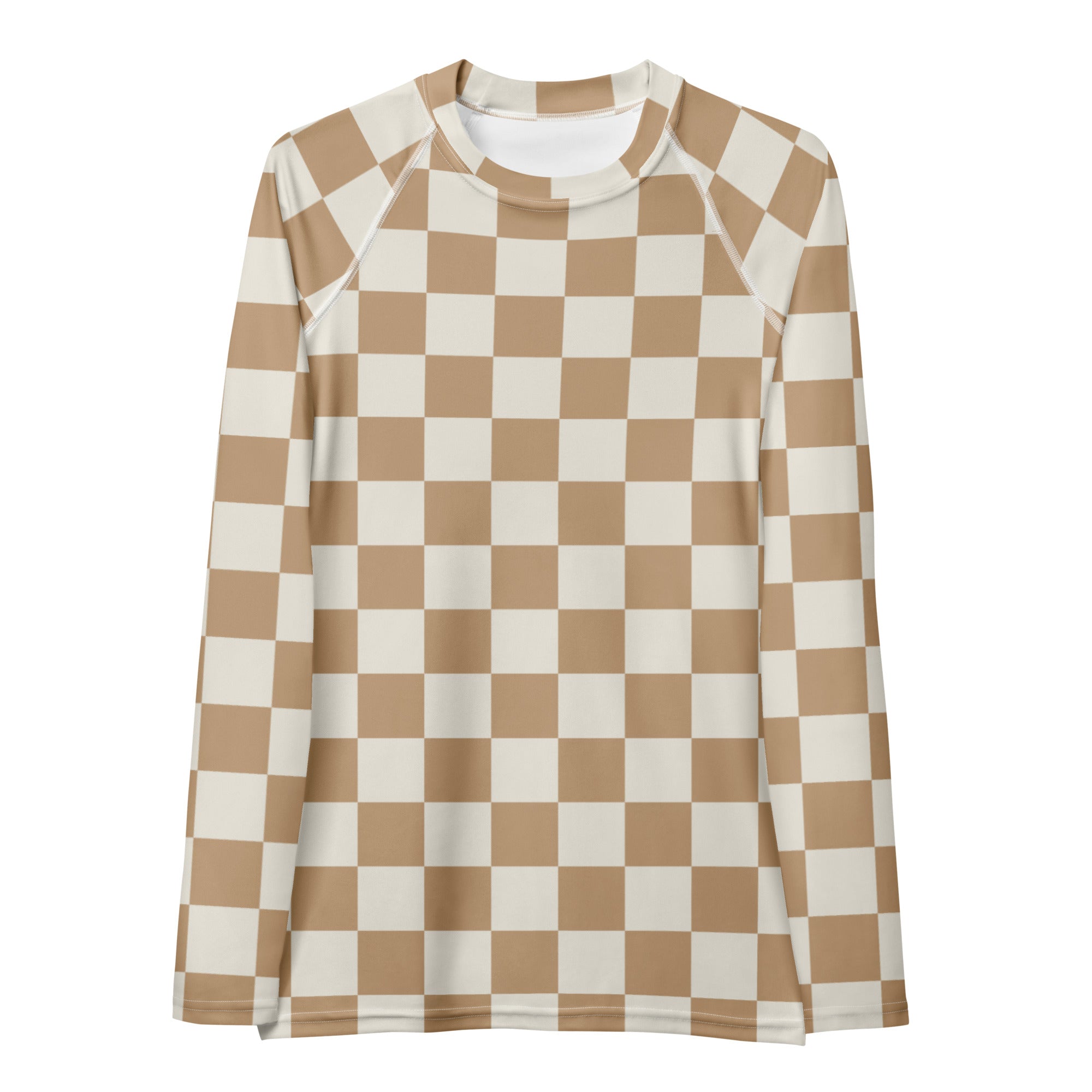 Women's Beige Checkered Long Sleeve Rash Guard Swim Shirt – Buttery Soft, Sun Safe UPF 50+ Protection, Quick Dry & 4-Way Stretch Comfort