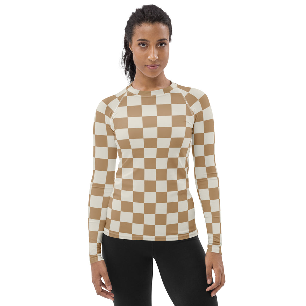 Women's Beige Checkered Long Sleeve Rash Guard Swim Shirt – Buttery Soft, Sun Safe UPF 50+ Protection, Quick Dry & 4-Way Stretch Comfort