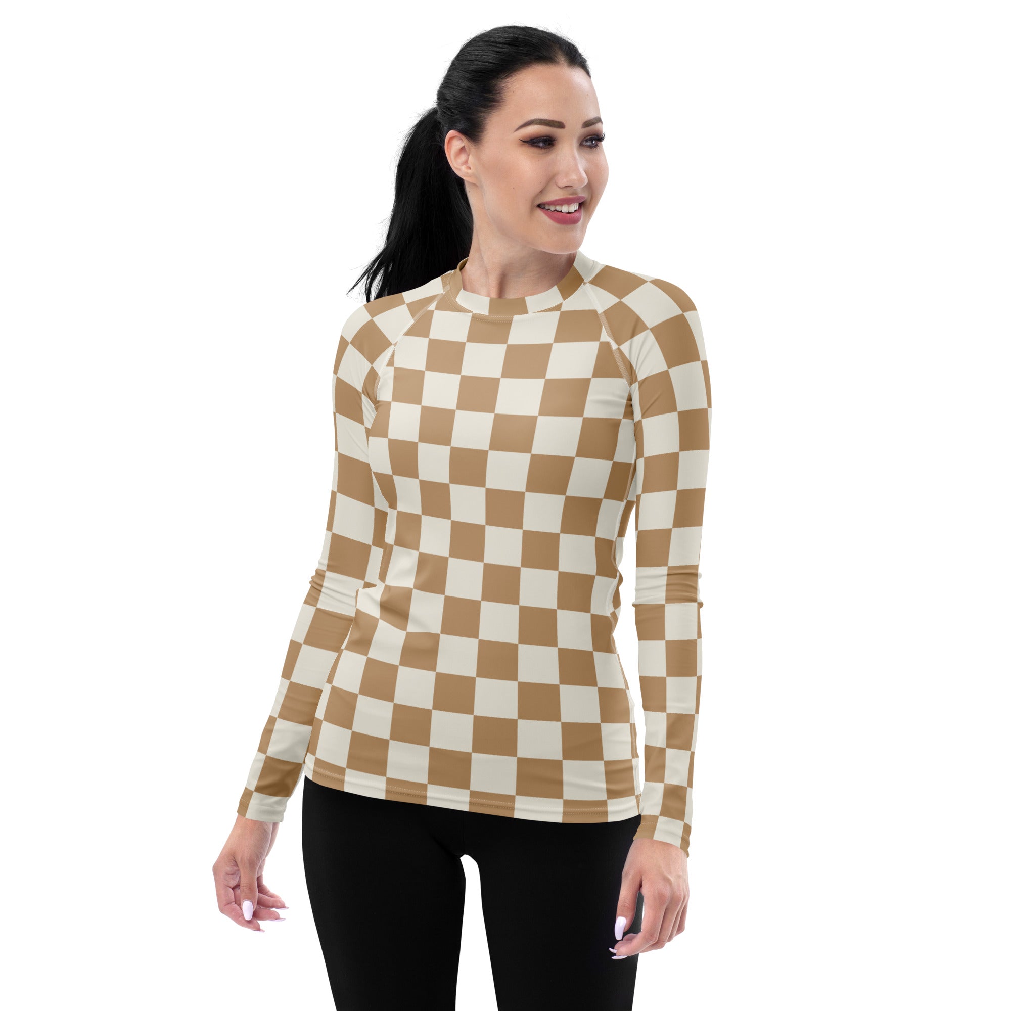 Women's Beige Checkered Long Sleeve Rash Guard Swim Shirt – Buttery Soft, Sun Safe UPF 50+ Protection, Quick Dry & 4-Way Stretch Comfort