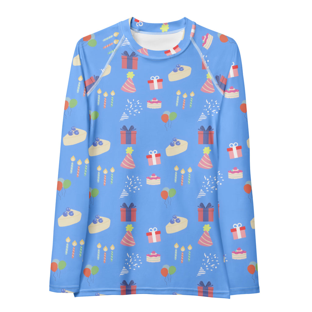 Women's Blue Birthday Party Long Sleeve Rash Guard Swim Shirt – Buttery Soft, Sun Safe UPF 50+ Protection, Quick Dry & 4-Way Stretch Comfort