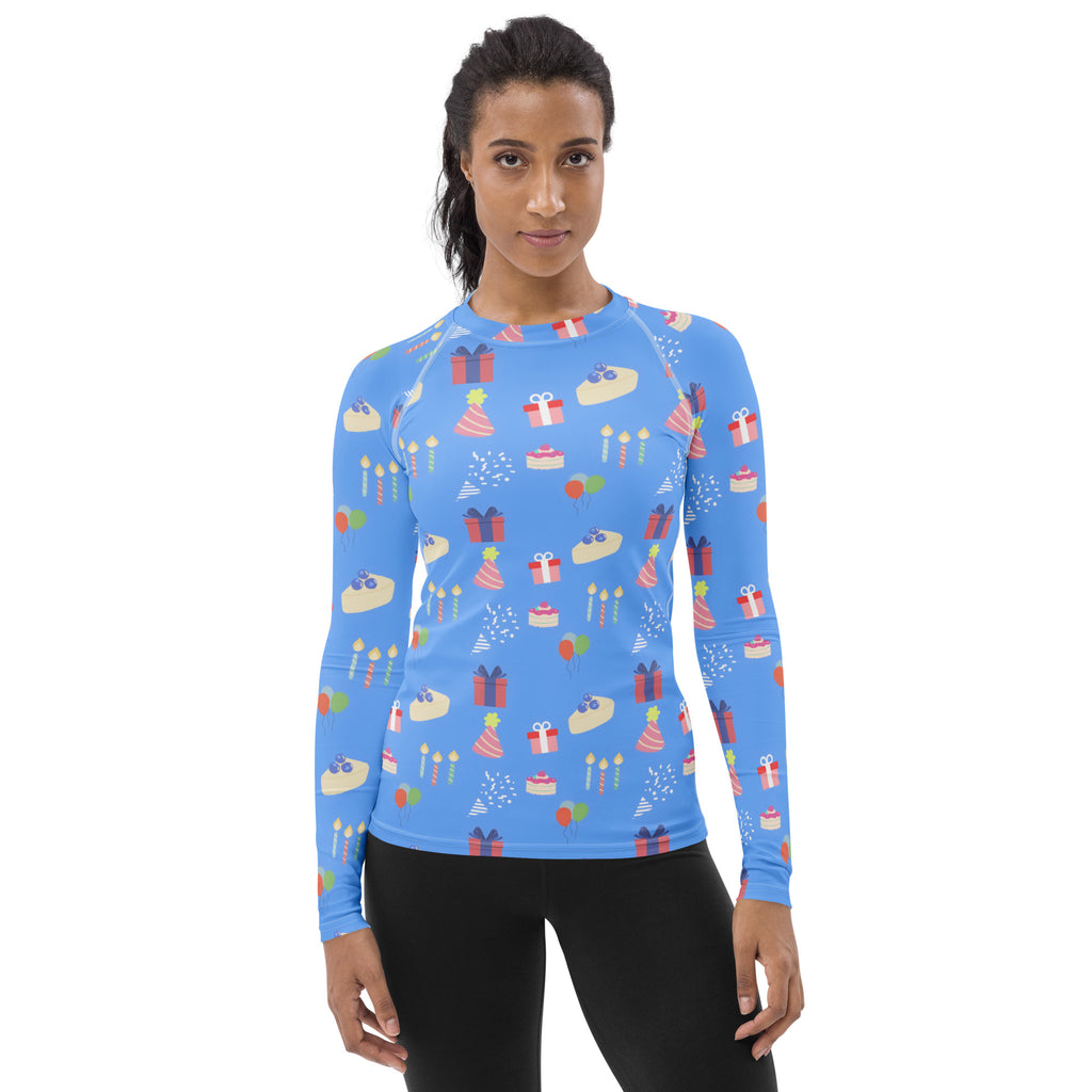 Women's Blue Birthday Party Long Sleeve Rash Guard Swim Shirt – Buttery Soft, Sun Safe UPF 50+ Protection, Quick Dry & 4-Way Stretch Comfort
