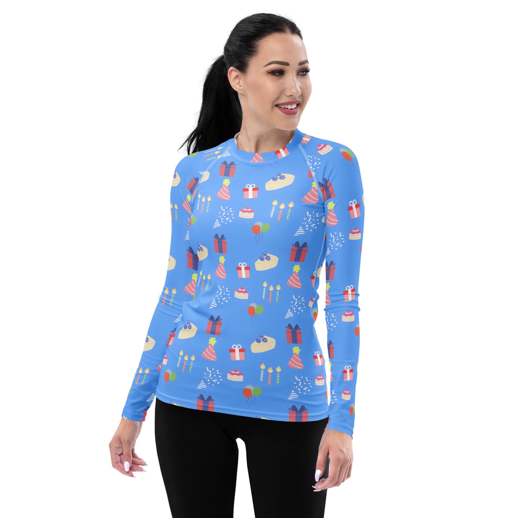 Women's Blue Birthday Party Long Sleeve Rash Guard Swim Shirt – Buttery Soft, Sun Safe UPF 50+ Protection, Quick Dry & 4-Way Stretch Comfort