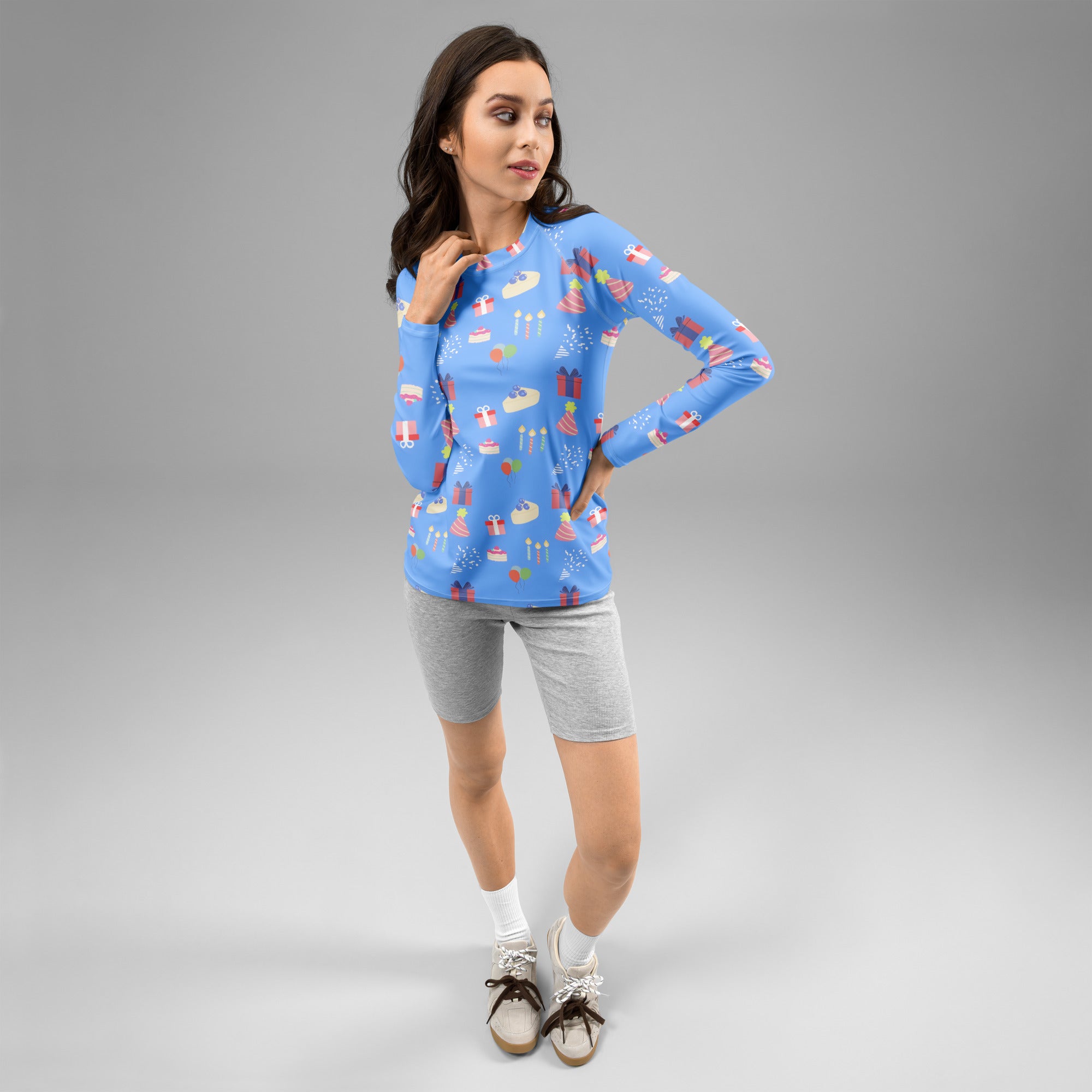 Women's Blue Birthday Party Long Sleeve Rash Guard Swim Shirt – Buttery Soft, Sun Safe UPF 50+ Protection, Quick Dry & 4-Way Stretch Comfort