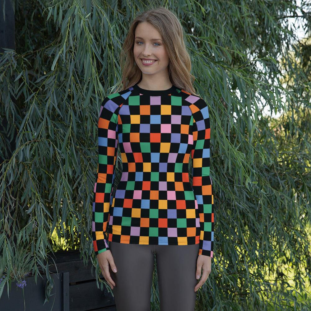 Women's Rainbow Checkered Long Sleeve Rash Guard Swim Shirt – Buttery Soft, Sun Safe UPF 50+ Protection, Quick Dry & 4-Way Stretch Comfort