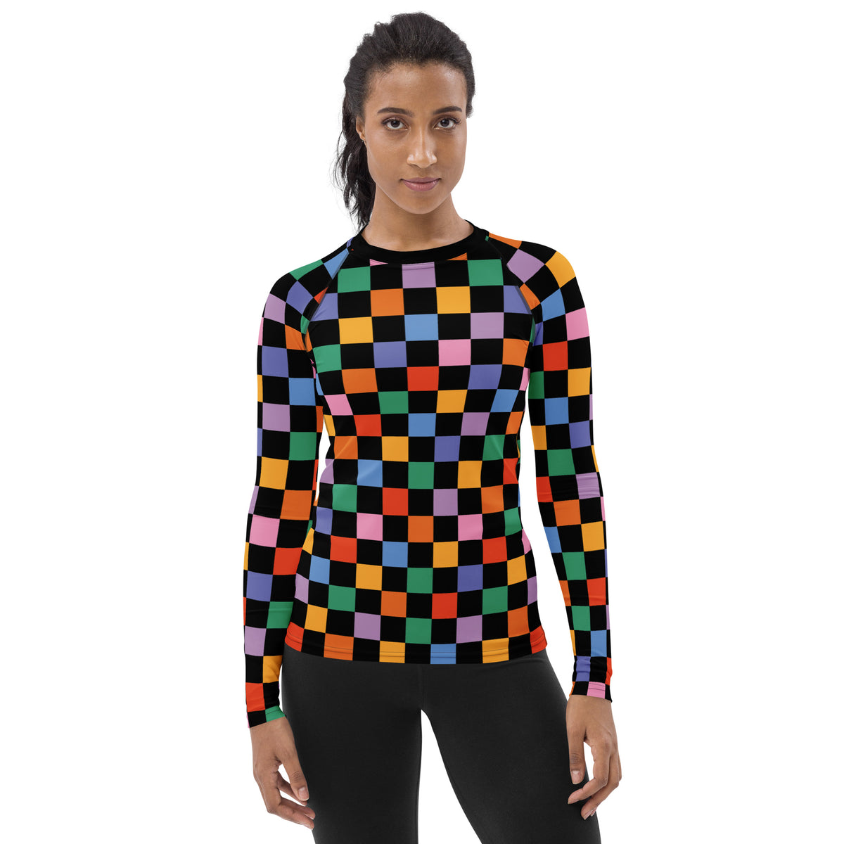 Women's Rainbow Checkered Long Sleeve Rash Guard Swim Shirt – Buttery Soft, Sun Safe UPF 50+ Protection, Quick Dry & 4-Way Stretch Comfort