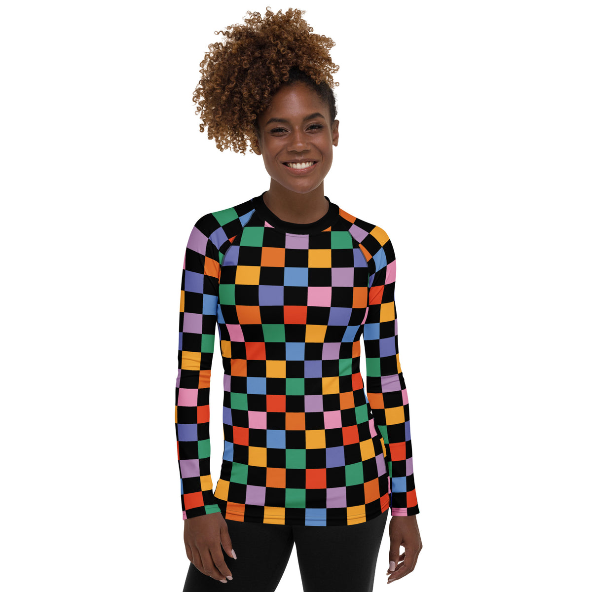 Women's Rainbow Checkered Long Sleeve Rash Guard Swim Shirt – Buttery Soft, Sun Safe UPF 50+ Protection, Quick Dry & 4-Way Stretch Comfort